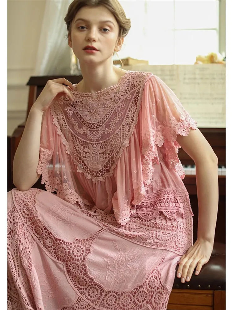 96cm Bust Summer Dress Victoria Vintage Exquisite Embroidery Lace Cape Wedding Dress Elegant Comfortable Cotton Maxi Dress