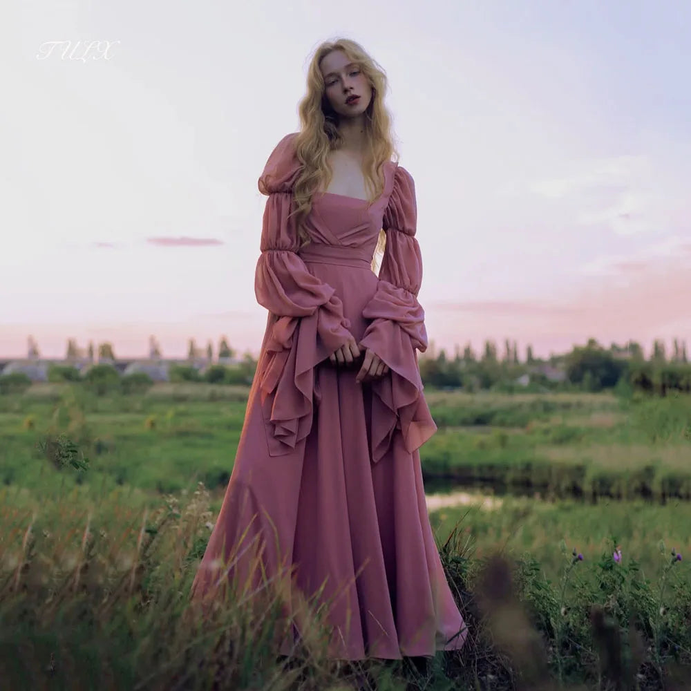 The Versailles Fairy Chiffon Gown | Square Collar Long Sleeve Maxi | Candy Color Formal Dress | Parisian Princess