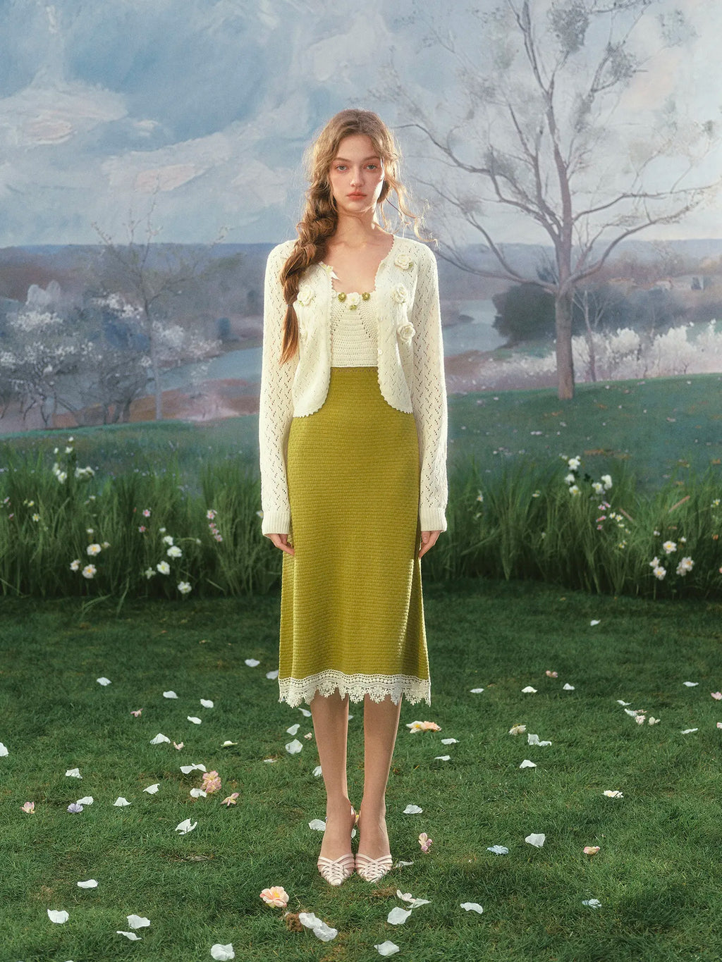 The Garden Princess Crochet Set | Wool Knitted Cardigan & Midi Dress | Handmade Floral Hollow-Out Two-Piece | Parisian Princess