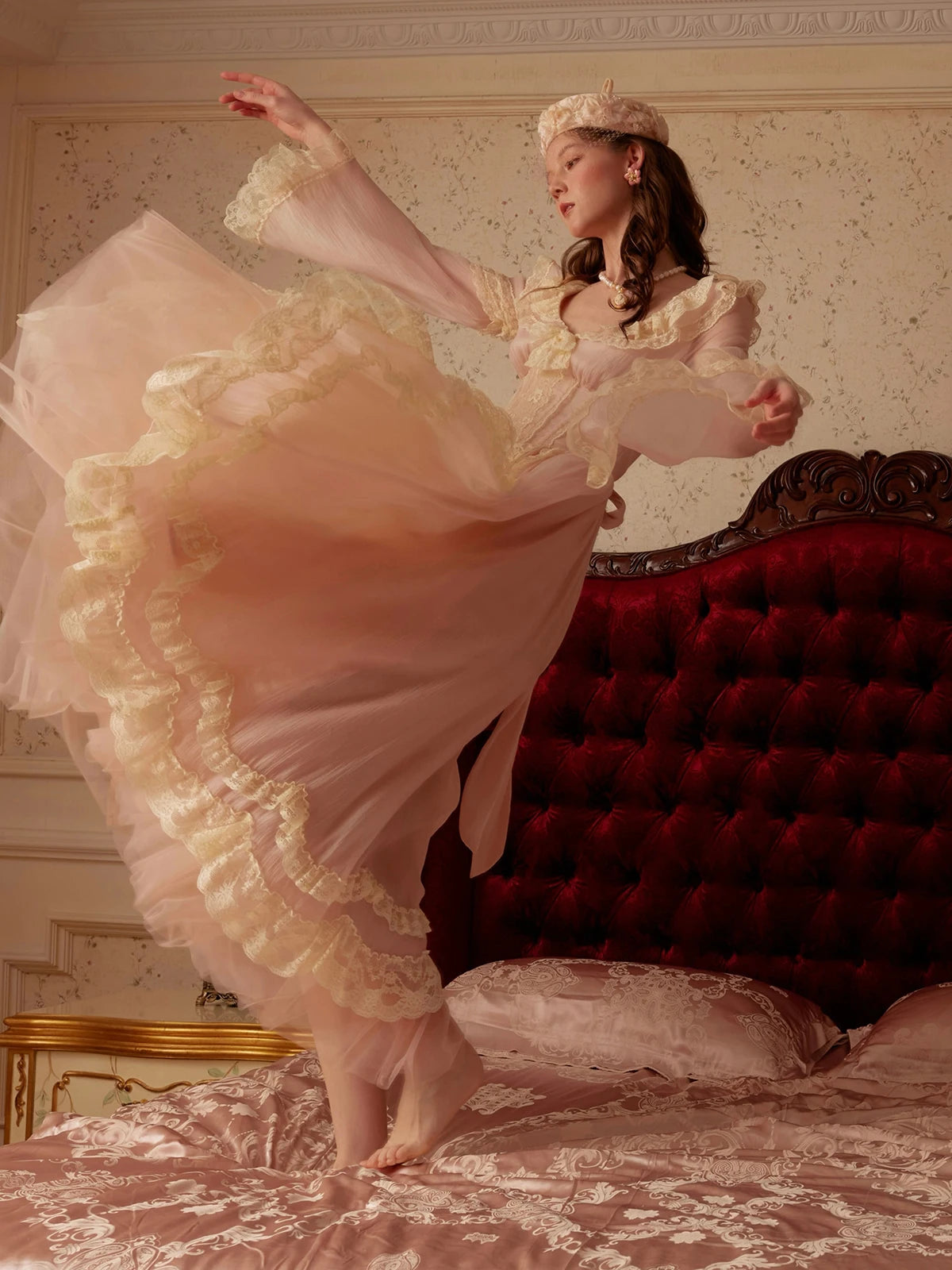 The Parisian Pink Bell Sleeve Gown | Courtly Retro French Lace Dress | Fairy-Tale A-Line Spring Maxi | Parisian Princess