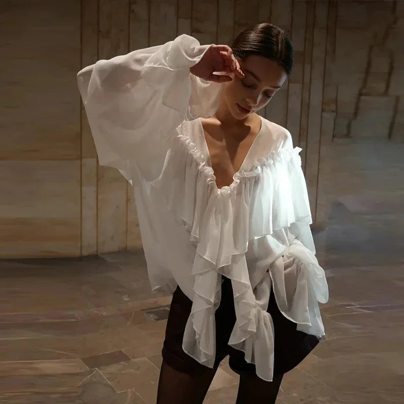 The Éclat Summer Tiered Blouse | French V-Neck Gauze Top | Ethereal Loose Fit Manteau | Parisian Princess
