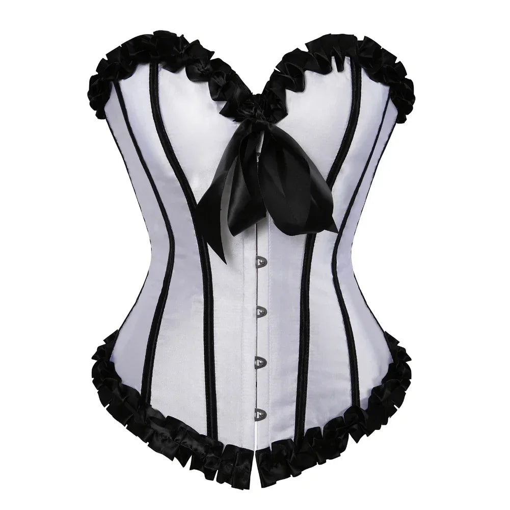 Corsets for Women Top Gothic Pleated Trim Corsage Steampunk Vintage Sexy Overbust Bustier Burlesque Carnival Party Clubwear