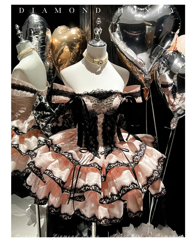 Princess Romantic Date Anniversary Wedding Party Pink Dress Girls Women's Sweet Lolita Halter Off-Shoulder Ball Gown Dresses