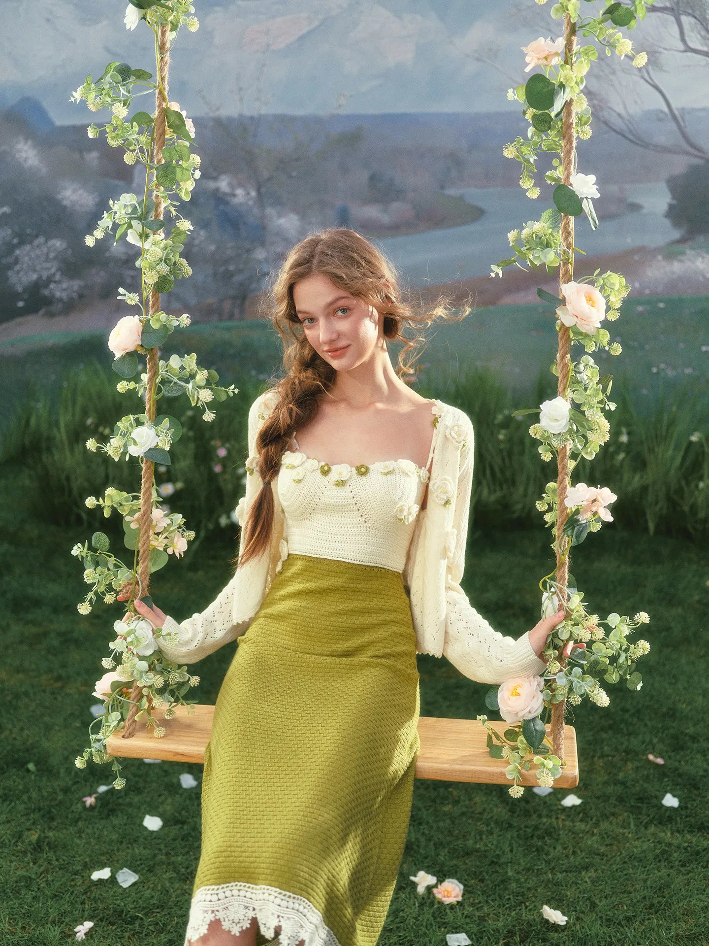 The Garden Princess Crochet Set | Wool Knitted Cardigan & Midi Dress | Handmade Floral Hollow-Out Two-Piece | Parisian Princess
