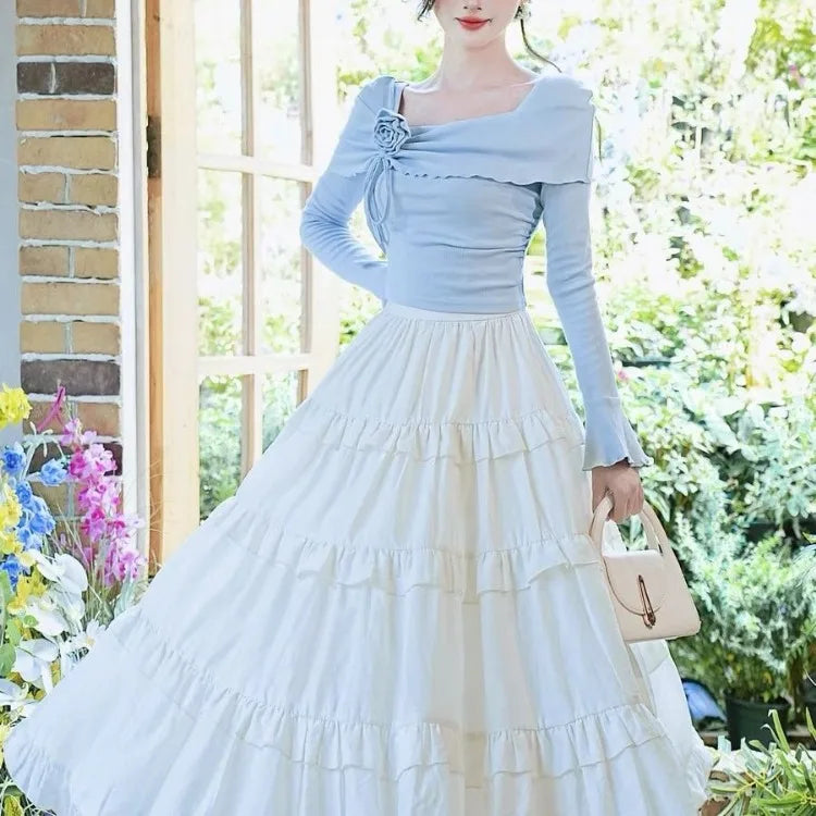 Blue 3D Flower Square Collar Long Sleeve Slim Fit Tops Women + Parisian High Waist Ruched Cake Skirts 2026 Autumn New Two Piece Sets