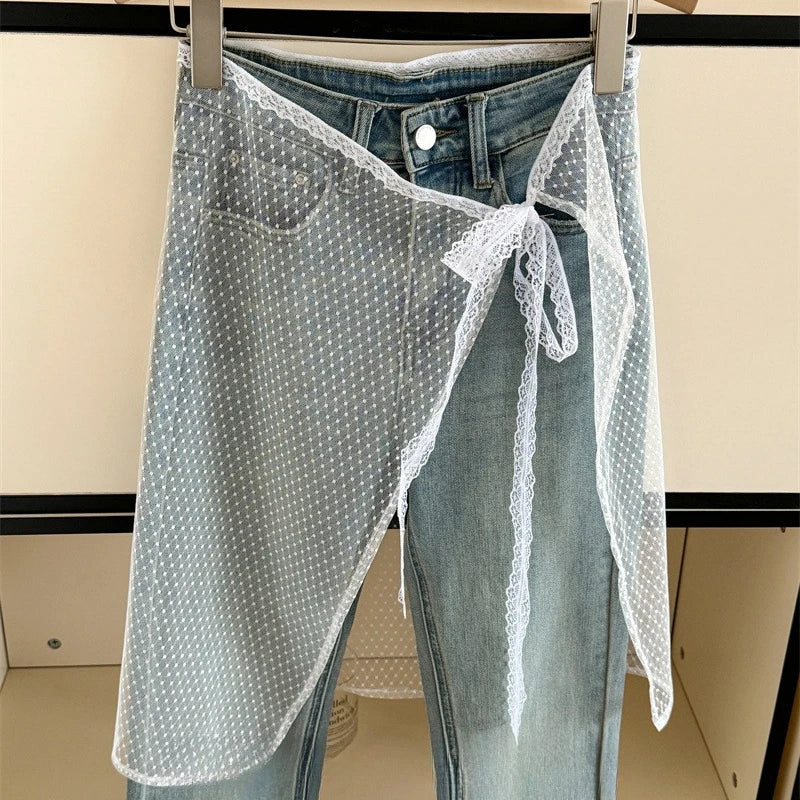 Lace-up Lace Side Half-body Skirt Short Sash Curtain Apron Girls Sweet Jeans Casual Pants Accessories Skirt