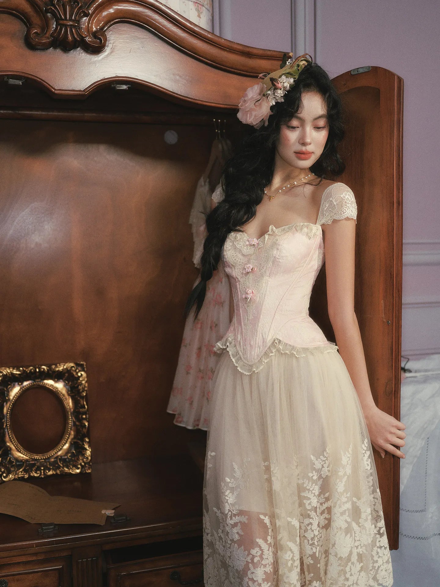 The Rosebud Versailles Lace Set | Pink Bustier & Shimmer Beige Maxi Skirt | Embroidered Two-Piece Gown | Parisian Princess