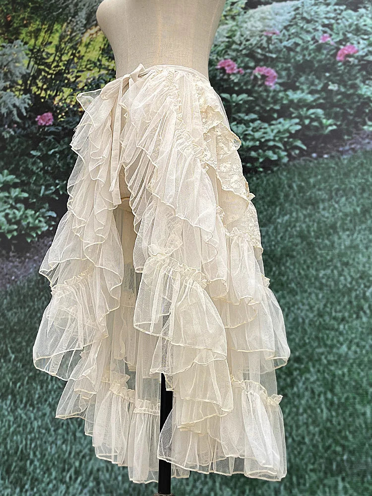 Gothic Lolita Lace Mesh Ruffles Fairy Princess Party Skirt Women Asymmetrical Cute Curtain Sheer Cover Up Thin Long Skirts White
