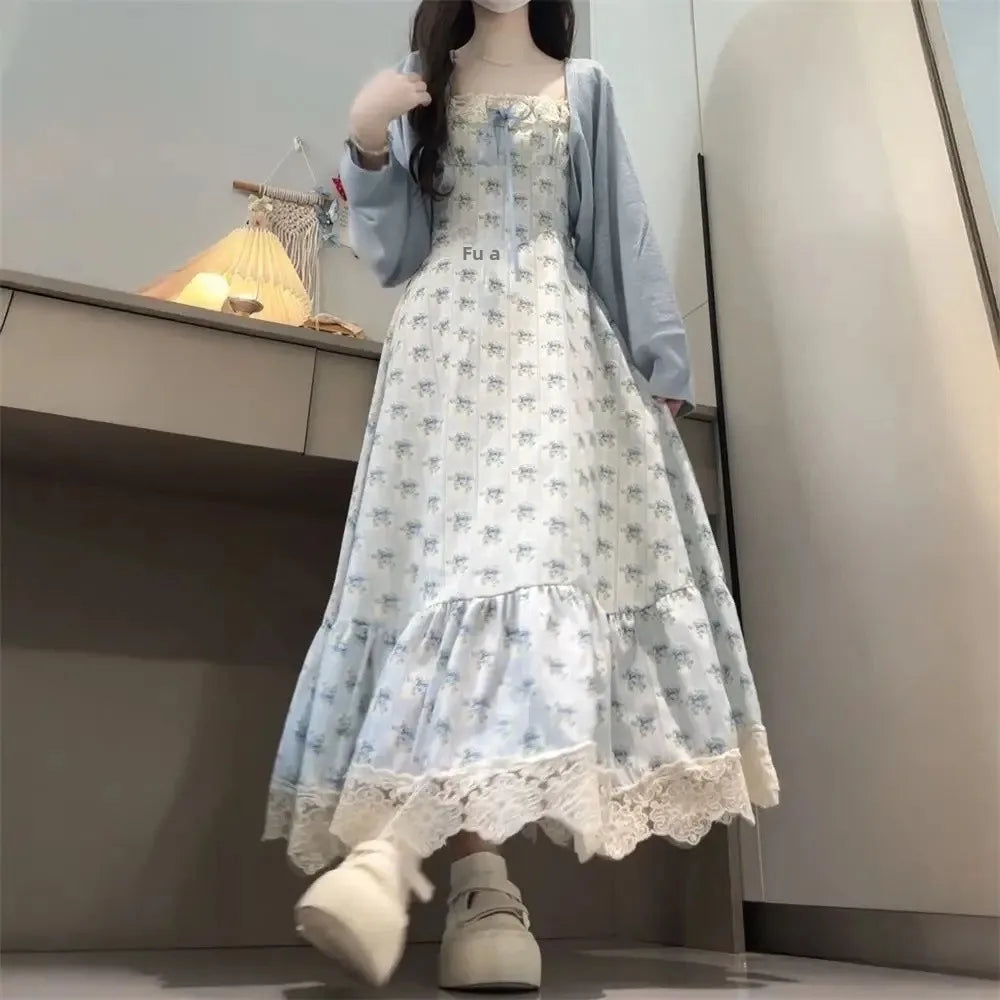 Parisian College Style Floral Print Strapless Dress Blue Sweater Cardigan Two-Piece Set Women's Fashion Casual Outfit Ensemble