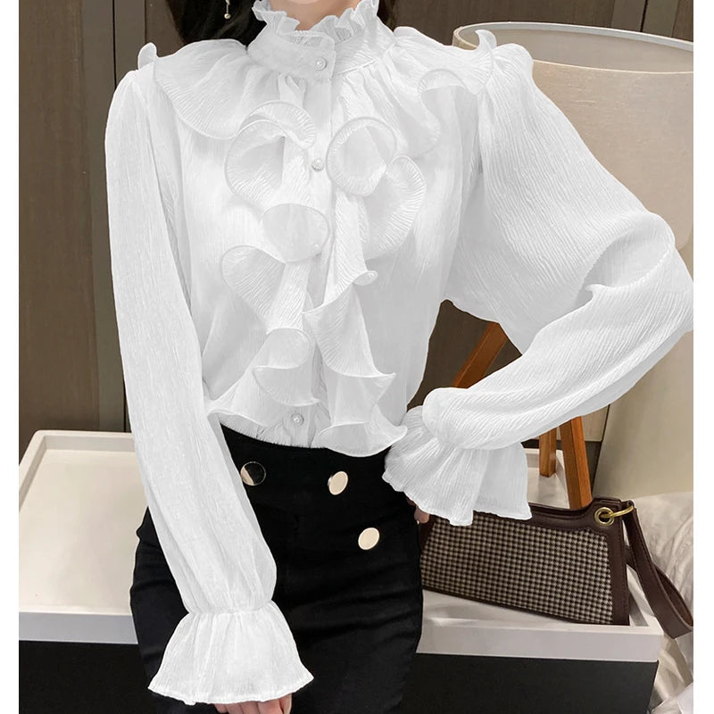 The Versailles Ruffled Chiffon Blouse | Stand Collar Lace Puff Sleeve | French Vintage Shirt | Parisian Princess