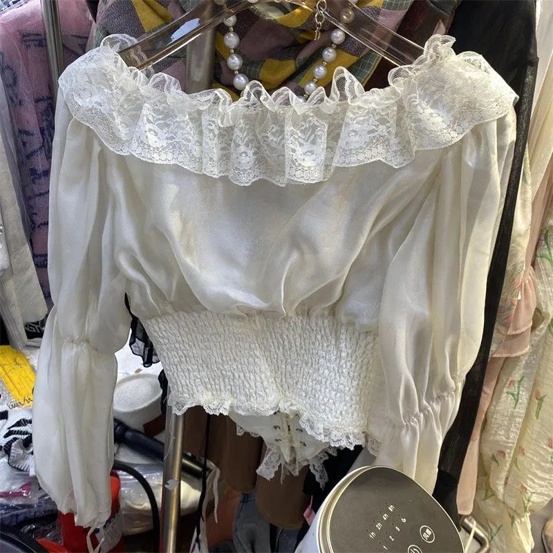 ParisianLace Strap Shirt Women Fashion Print Splice Temperament Gentle Sweet Solid Slim O-neck Spring Chic Female Top 2024