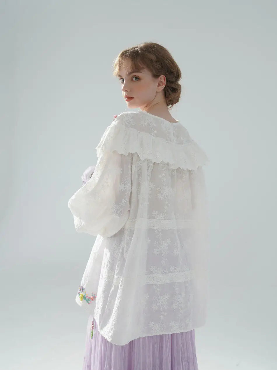 The Summer Floral Breeze Blouse | 100% Cotton Oversized White Top | Handmade 3D Embroidered Loose Lace Top | Parisian Princess