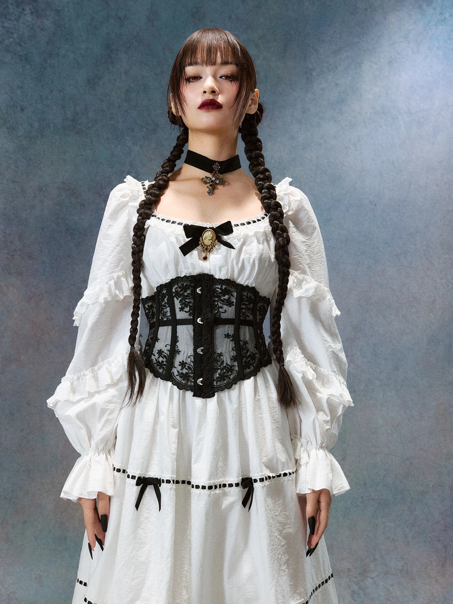 Gothica Parisian Fall White Maxi Dress Women Vintage Elegant Slim Lace Collar Long Sleeve French Halloween Dress