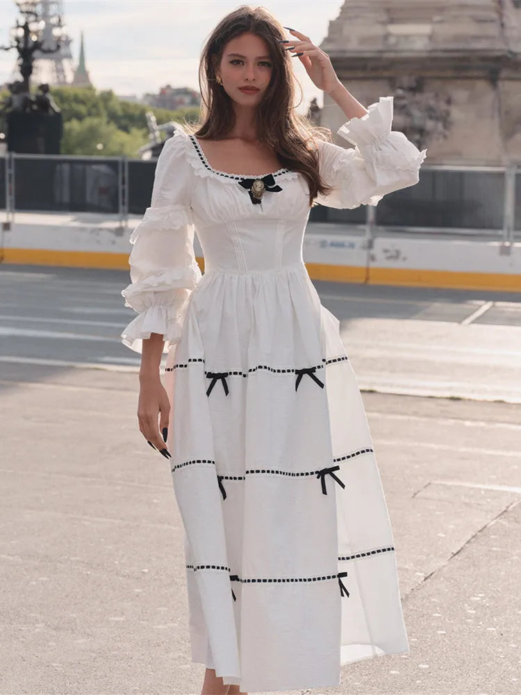 Gothica Parisian Fall White Maxi Dress Women Vintage Elegant Slim Lace Collar Long Sleeve French Halloween Dress