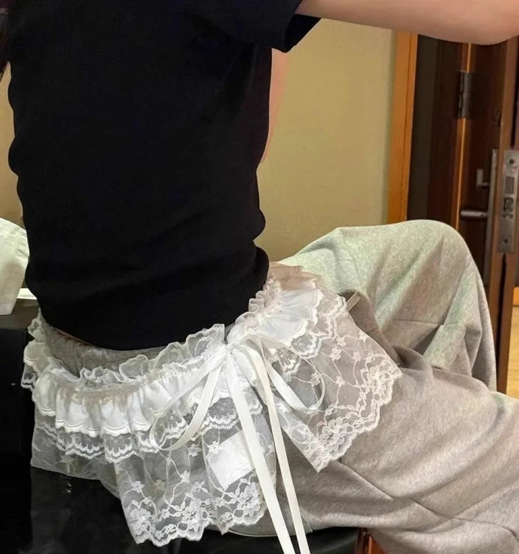 Lace-up Lace Side Half-body Skirt Short Sash Curtain Apron Girls Sweet Jeans Casual Pants Accessories Skirt