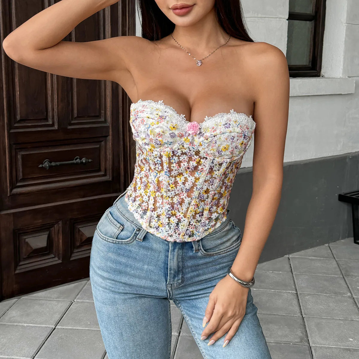 The Versailles Blossom Corset | Floral Hollow-Out Strapless Bustier | Lace-Up Boned Camisole | Parisian Princess