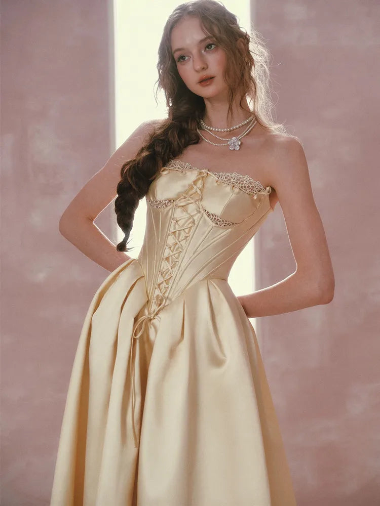 The Lemondrop Love Belle Gown | French Chic Elegant Slim Lace Corset Dress | Strapless Empire Waist Satin Maxi | Parisian Princess