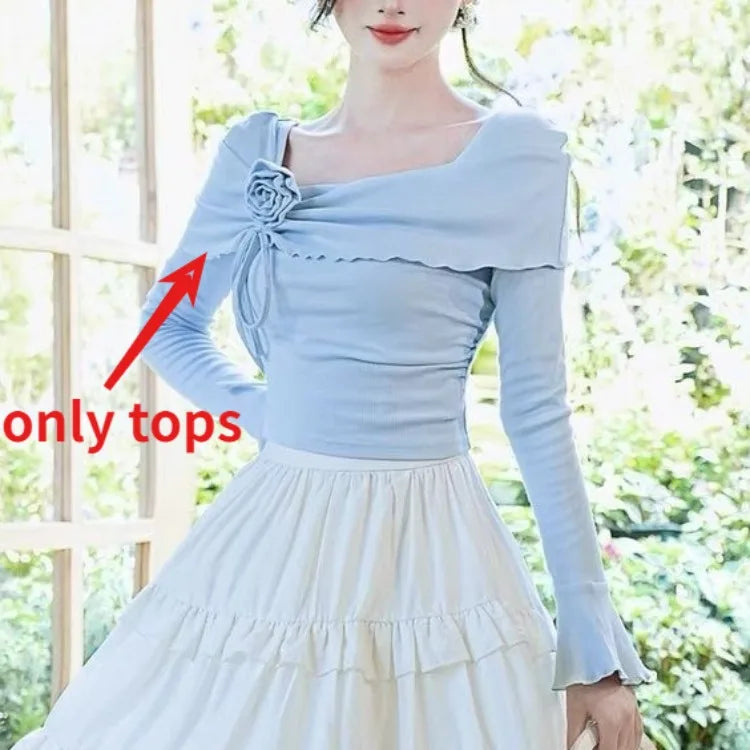 Blue 3D Flower Square Collar Long Sleeve Slim Fit Tops Women + Parisian High Waist Ruched Cake Skirts 2026 Autumn New Two Piece Sets