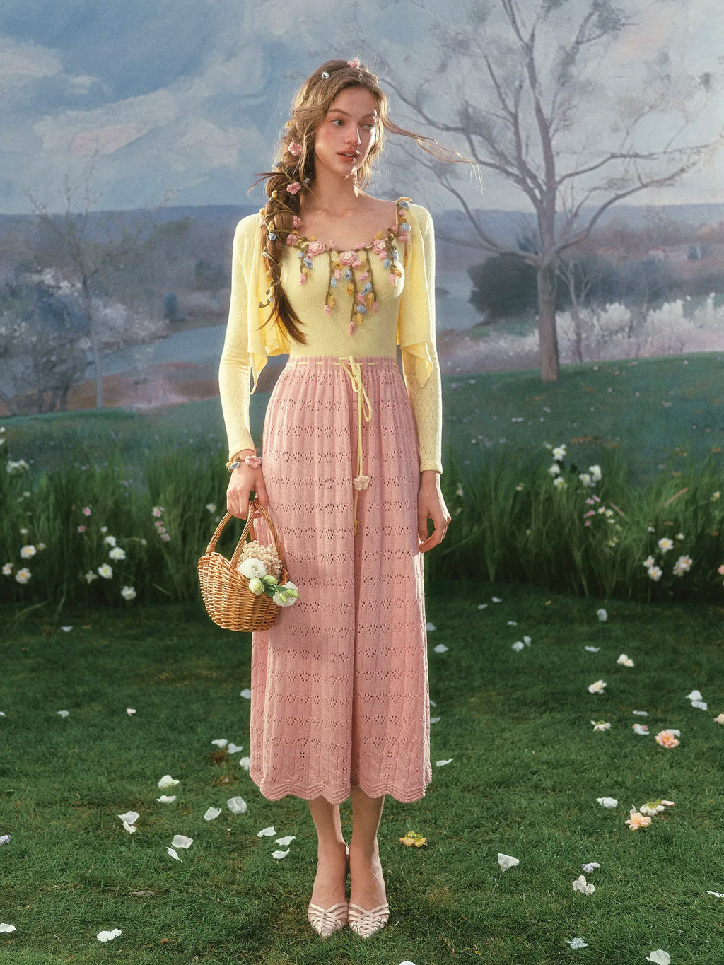 The French Pastoral Crochet Gown | Elegant Handmade Knitted Long Dress | Luxury Floral Fit &amp; Flare Midi | Parisian Princess