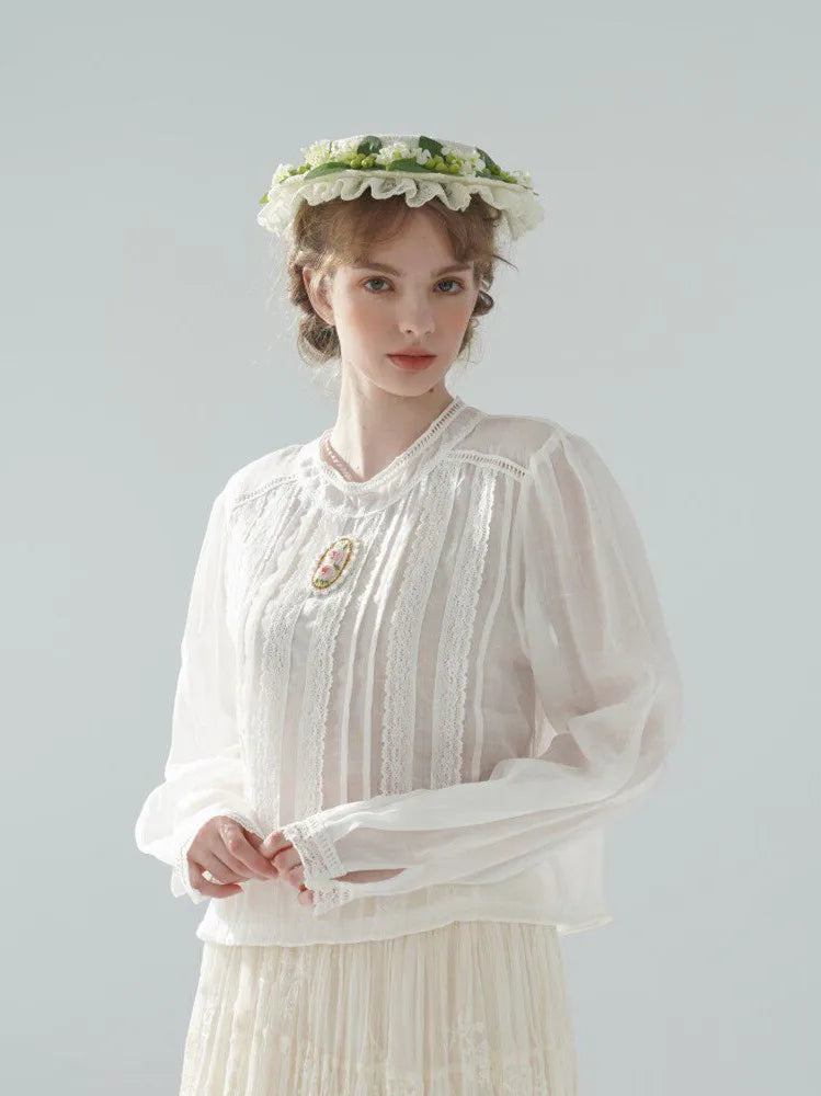 The Palais Rose Ramie Blouse | 100% Ramie Thin White Blouse | French Vintage Handmade 3D Rose Embroidered O-Neck Loose Top | Parisian Princess