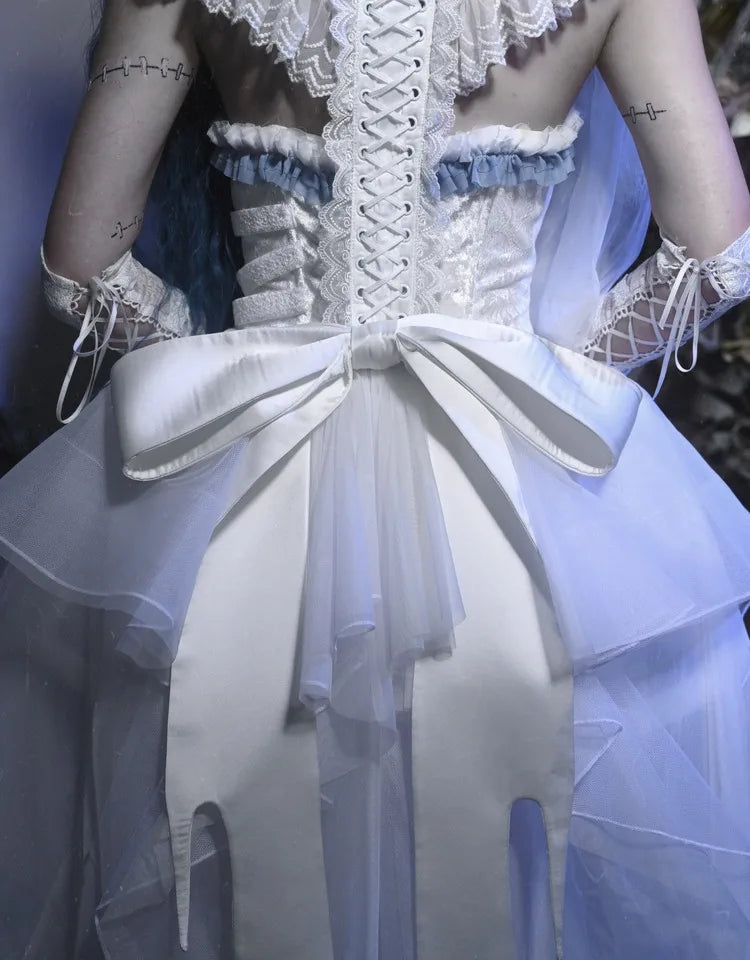 The Gothica White Gothic Dress | Zombie Bride Spine Lace Gown | Chiffon Tailed Party Dress with Cape | Parisian Princess