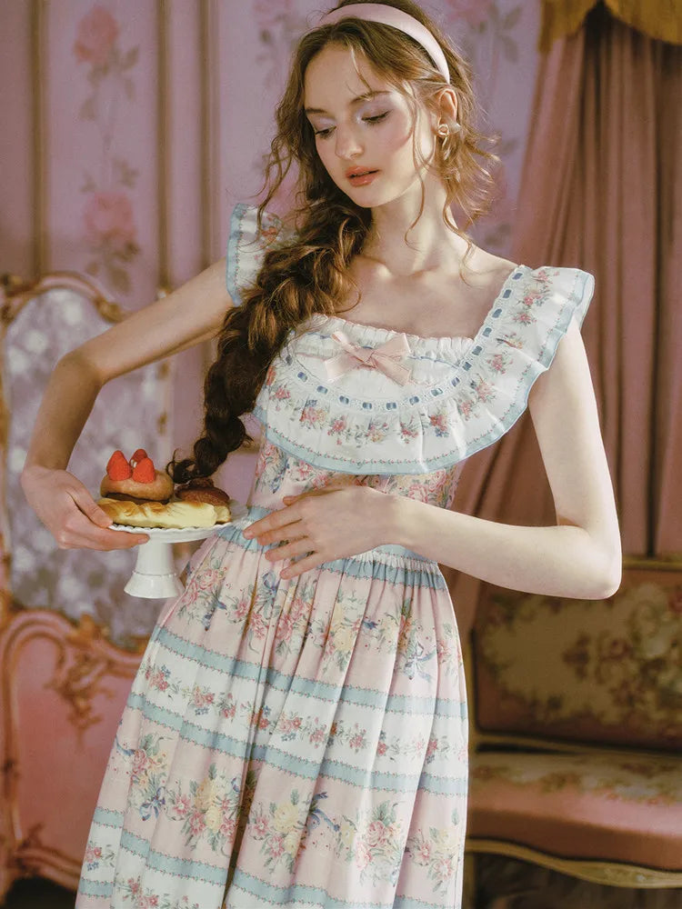 The Petit Ridinghood Dress | Summer Long Pink Floral Dress | 100% Cotton Square Collar Fit & Flare Dress | Parisian Princess