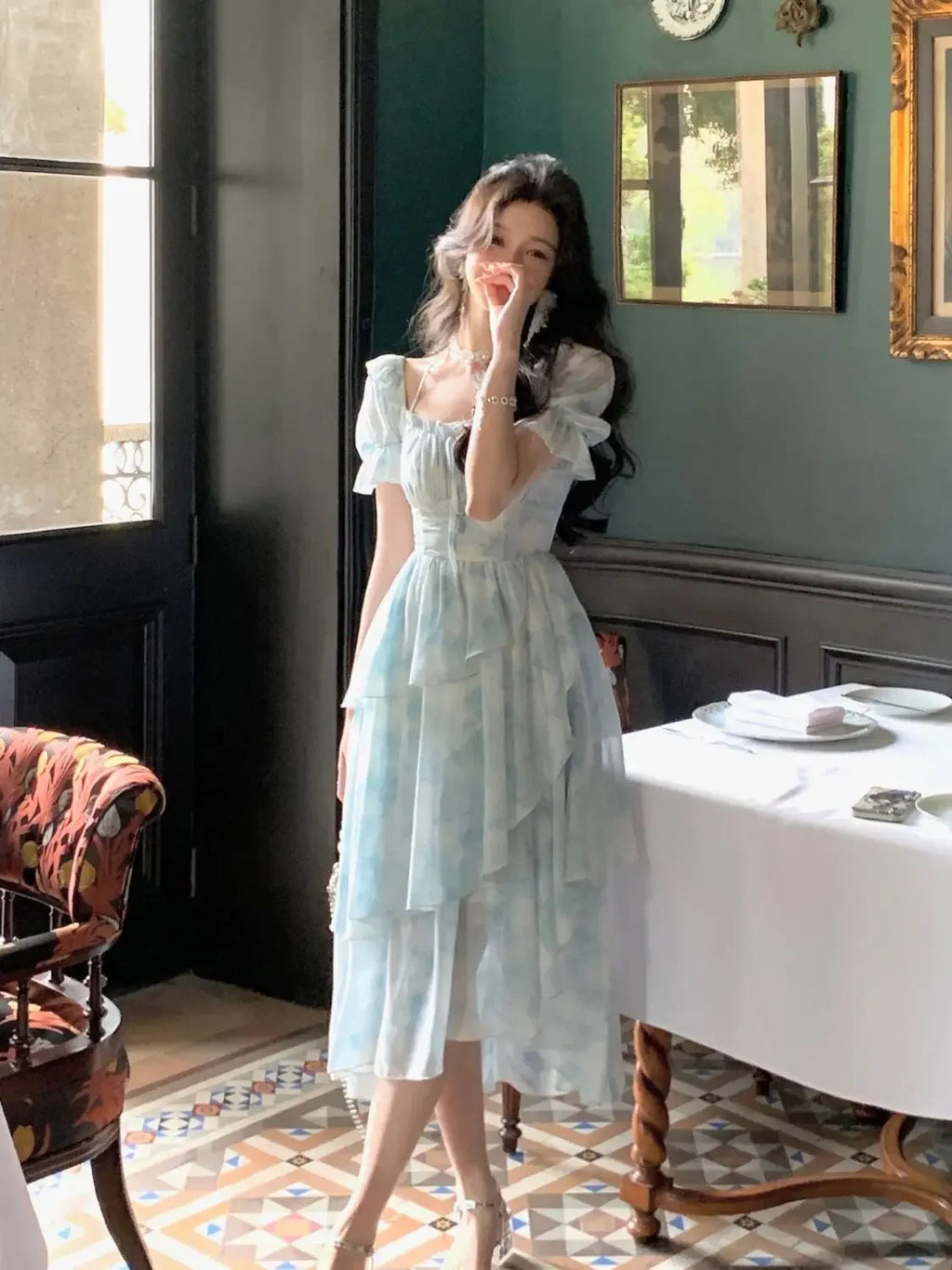 The Giverny Chiffon Gown | French Floral Empire Dress | Square Collar Fold-Detail Midi | Parisian Princess