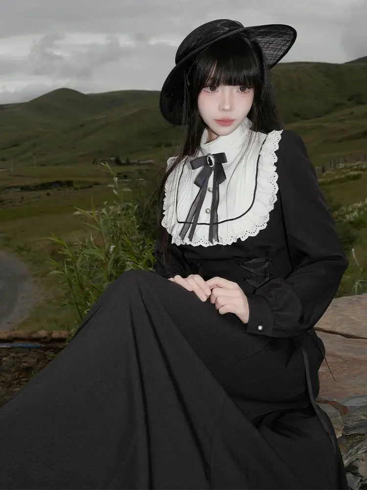 Japanese Y2K Patchwork Midi Dress Women Harajuku Gothic Lace Up Long Dress Female Sweet Lolita Bow Long Sleeve Chic Vestidos New