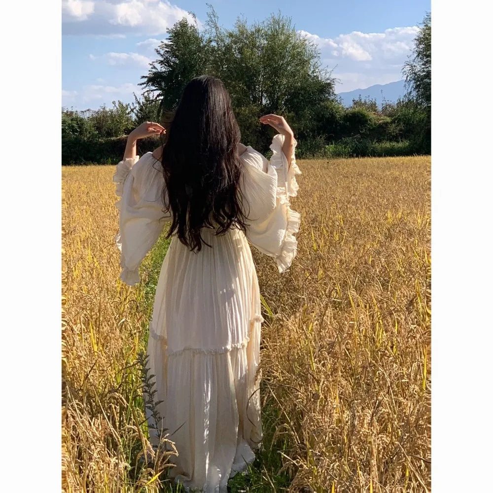 The Coalfell Vacation Gown | French Cotton-Linen Apricot Midi | Batwing Sleeve Lace Temperament Dress | Parisian Princess