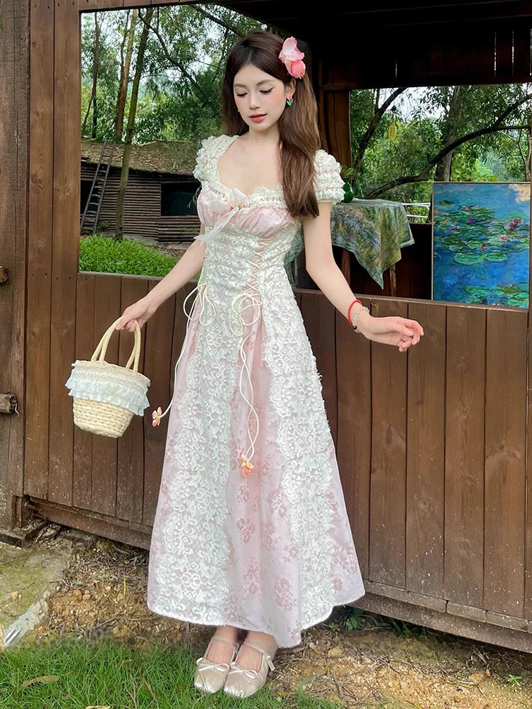 REDDACHiC Medieval Retro Women Party Dress Floral Lace-up Corset Bow Patchwork Midi Long Dress Victorian Renaissance Costume