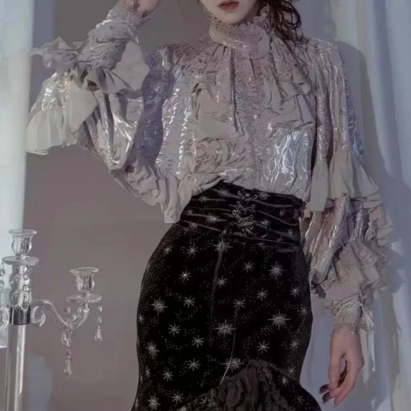 The Marais Midnight Blouse | French Gothic Lantern Sleeve Shirt | Vintage Lace Patchwork Lolita Top | Parisian Princess
