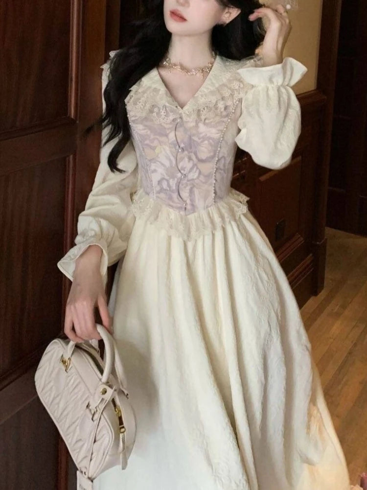 The Champs-Élysées Lace Gown | French Elegant Sweet Evening Dress | Retro Bow-Neck Mid-Calf Vestido | Parisian Princess