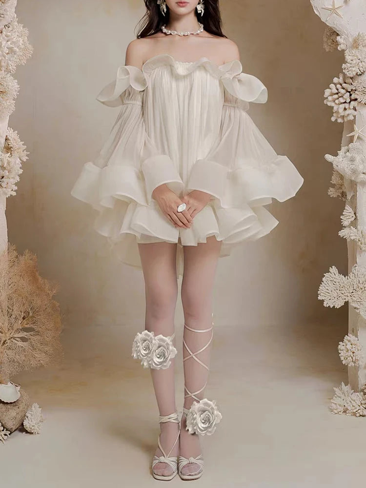 French one-shoulder ruffled strapless dress autumn women's wear princess dress fashionable loose puffy dress