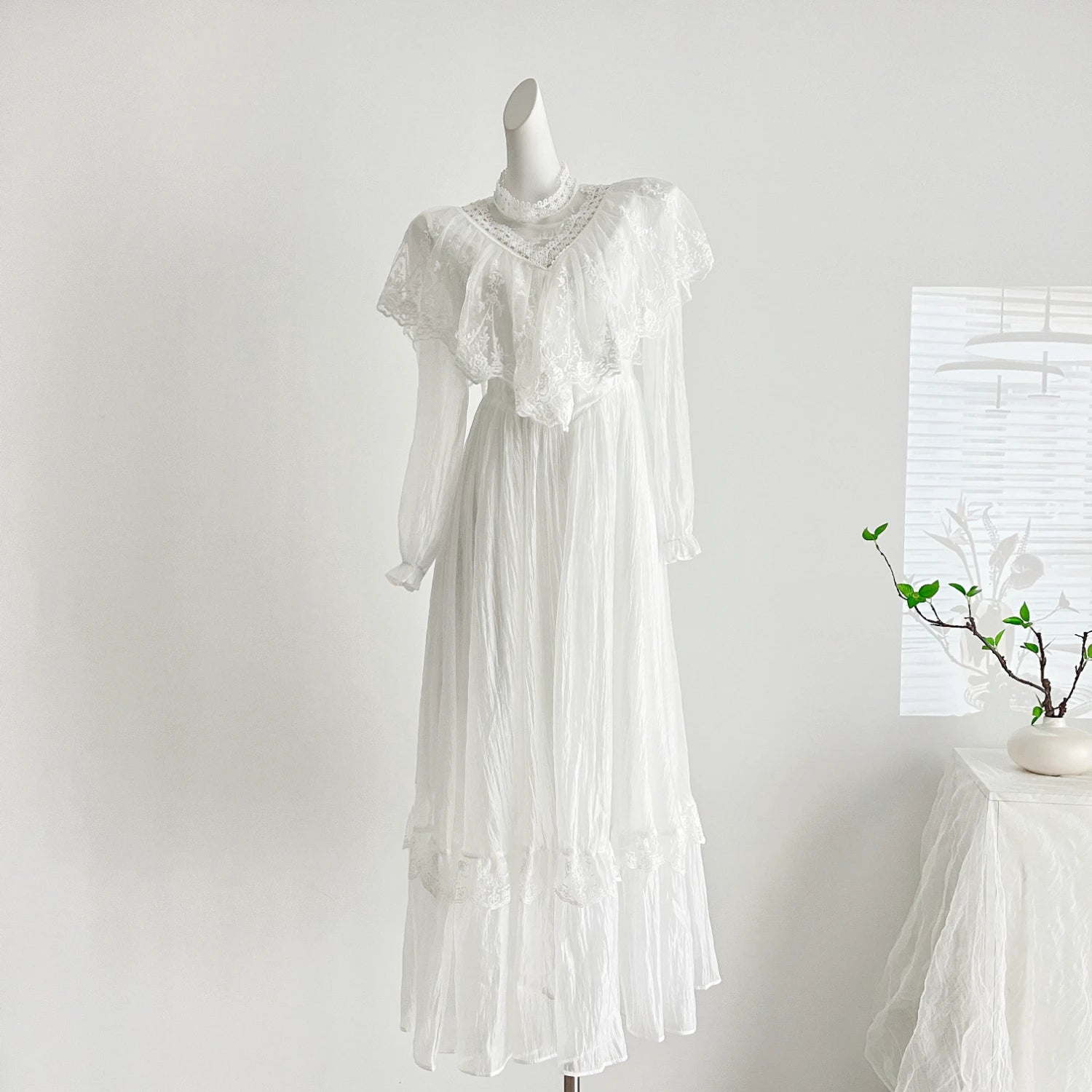 The Petal-Whisper Chiffon Gown: A Vintage Parisian Fairy Dress | Half-High Collar Lace Maxi | Parisian Princess