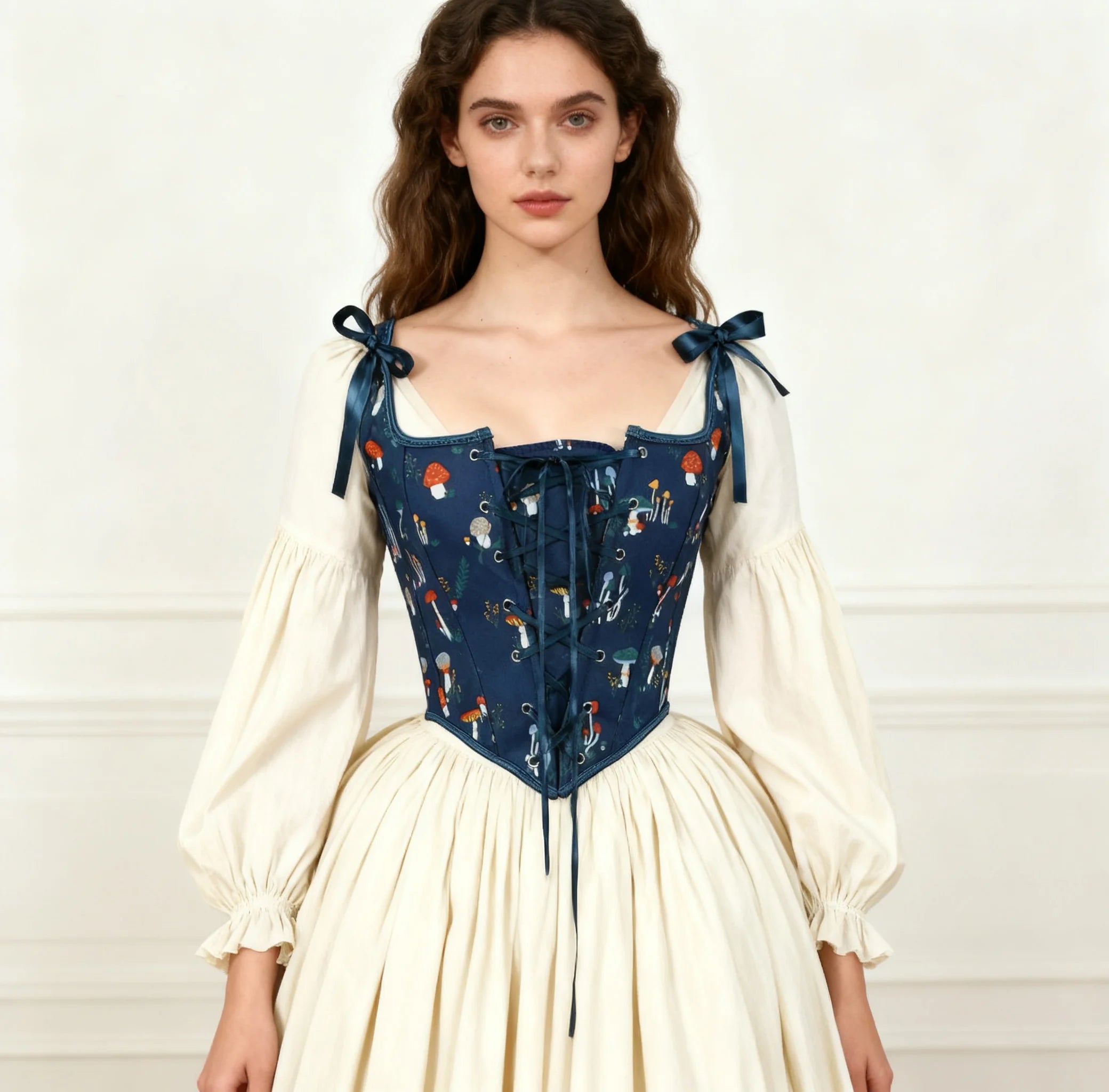 Mushroom Corset Bustier Lace Up Front Vintage Printed Boned Bodice Stage Costume Crop Vest Outwear For Dress Waist Trainer