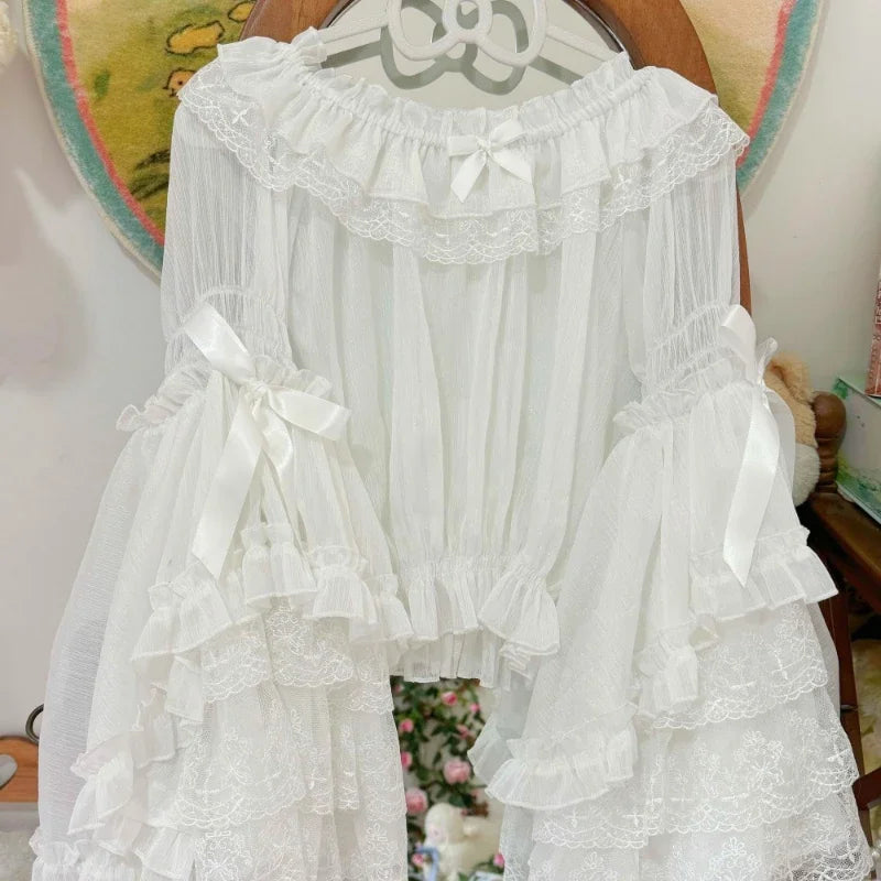 French Lolita Flare Sleeve Sweet Bow Shirt Parisian Aesthetic Slash Neck Lace Patchwork Blouse Women Loose Grunge Ruffled Blusas