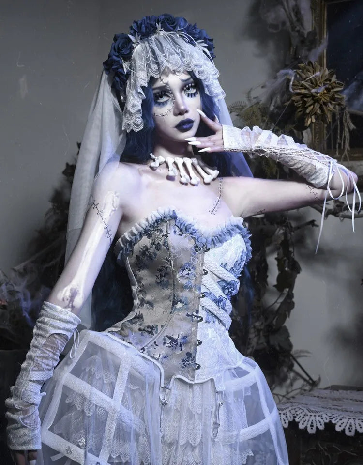 Parisian White Gothic Dress Birdcage Tube Emboridery Zombie Bride Slip Dress Palace Holloween Party Dresses Vestido Large