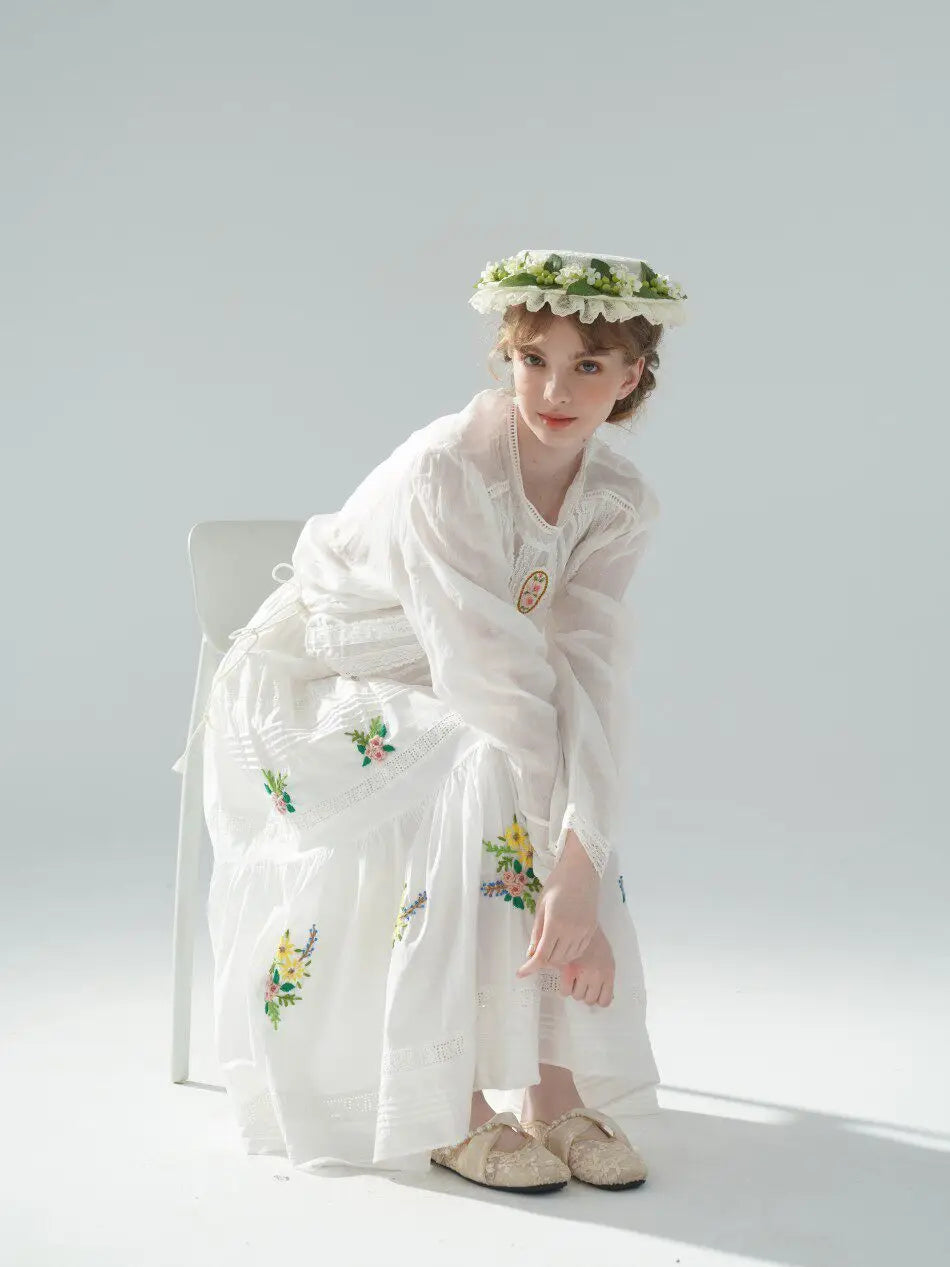The Palais Rose Ramie Blouse | 100% Ramie Thin White Blouse | French Vintage Handmade 3D Rose Embroidered O-Neck Loose Top | Parisian Princess
