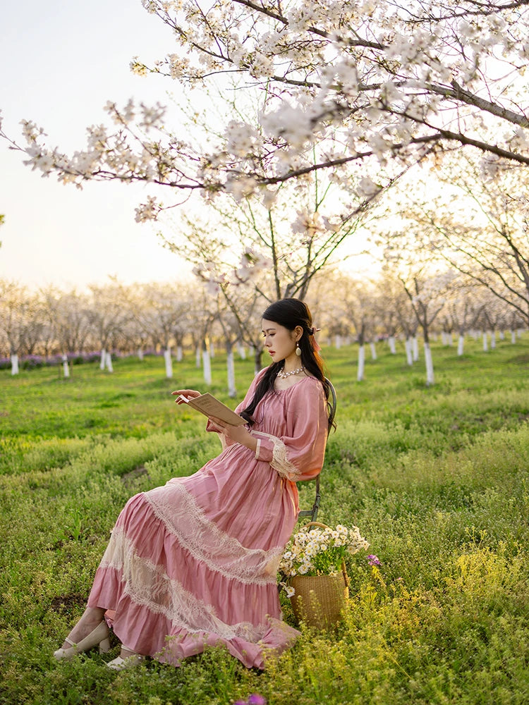 Parisian Long Maxi Women Ladies Dress Full Lantern Sleeve Pink Lace Patchwork 2025 New S-XL Spring Autumn Summer Square Collar