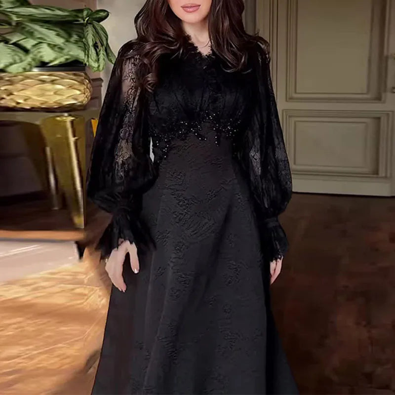French Sexy Lace Embroidered Jacquard Dress Woman V Neck High Waist Crochet Evening Dresses Autumn Puff Sleeve Tie-up Maxi Dress