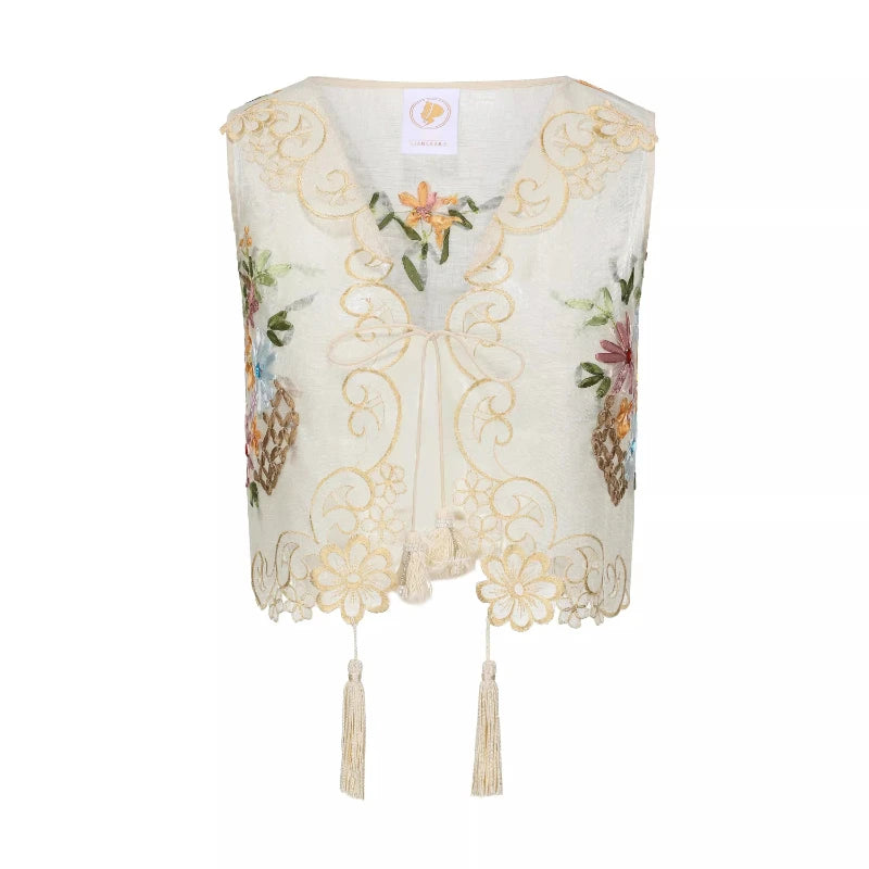 The Antoinette Tassel Embroidery Vest | French Antique Floral Cotton Gilet | Open-Stitch V-Neck | Parisian Princess