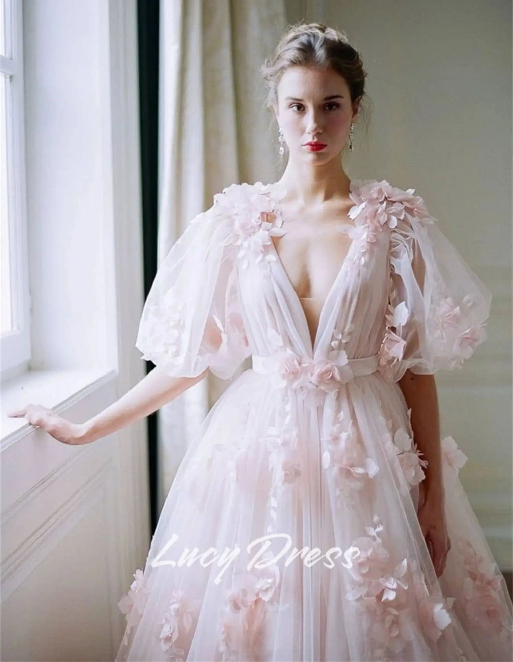 The Duchess Luxury Tulle Gown | V-Neck Court Train Prom Dress | Floral Fabric Birthday Maxi | Parisian Princess