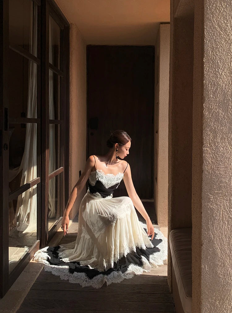 The Midnight Shore Gown | Gothica Summer Holiday Suspenders Dress | Backless Lace Patchwork Vacation Sling | Parisian Princess