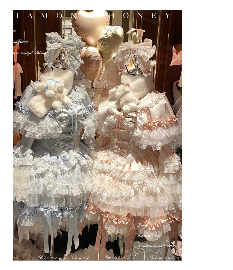 Pink Lolita Princess Dress Women's Bow Lace Heavy Industry Sweet Elegant Birthday Party Evening Dress Lady Suspender Dress Cloak