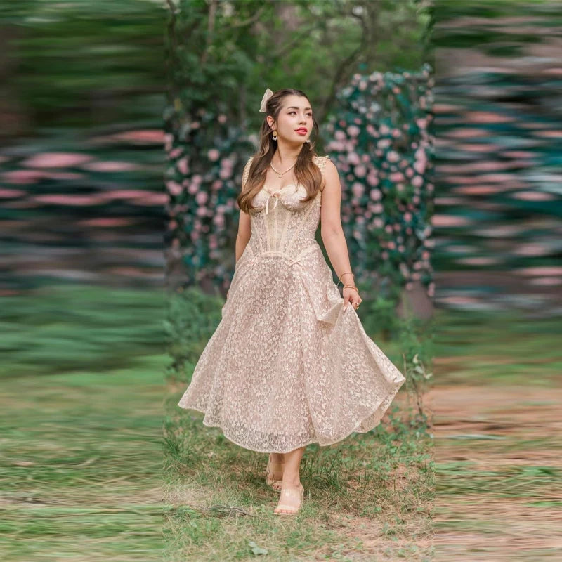 The Palais Floral Lace Midi | Long Sleeve Pleated Party Dress | French Palace A-Line Gown | Parisian Princess