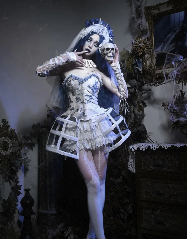 Parisian White Gothic Dress Birdcage Tube Emboridery Zombie Bride Slip Dress Palace Holloween Party Dresses Vestido Large