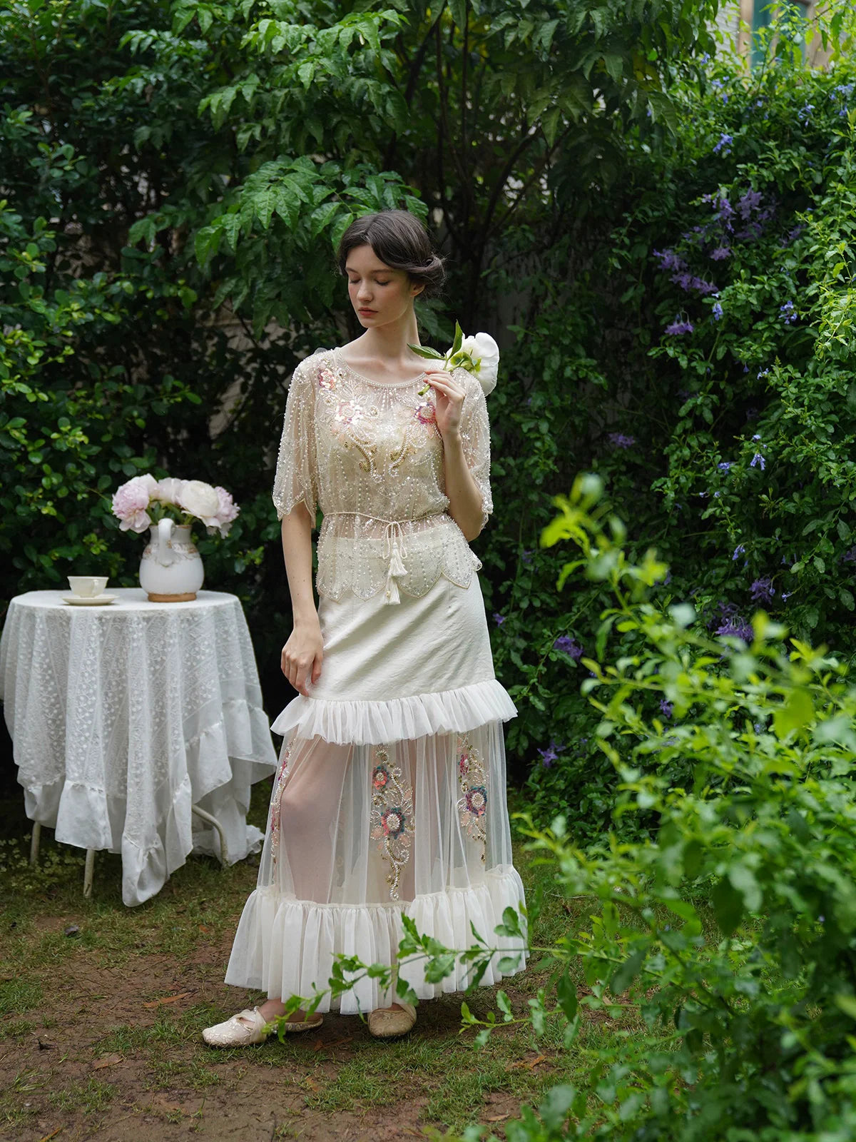 The Aurelia Beaded Gauze Skirt | Hand-Stitched Apricot Maxi | French Flounce Skirt with Ear Fringe | Parisian Princess