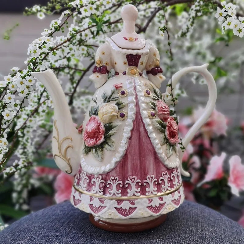 Hand Painted Relief Rose Coffee Pot Ceramic Teapot Elegant Luxury Teapots Aesthetic Retro Coffee Pots with Lid Tea Tableware