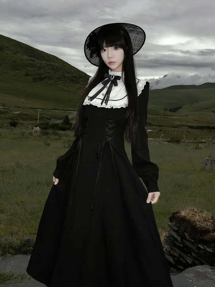 Japanese Y2K Patchwork Midi Dress Women Harajuku Gothic Lace Up Long Dress Female Sweet Lolita Bow Long Sleeve Chic Vestidos New