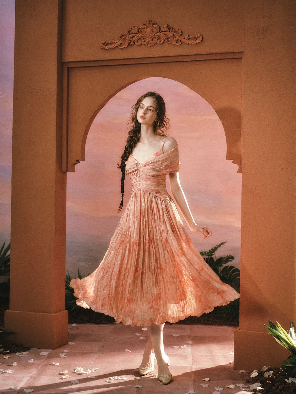 The Caprician Sunset Oil Painting Gown | Coral Shimmer Fairy Skirt | 3/4 Sleeve A-Line Dress | Parisian Princess